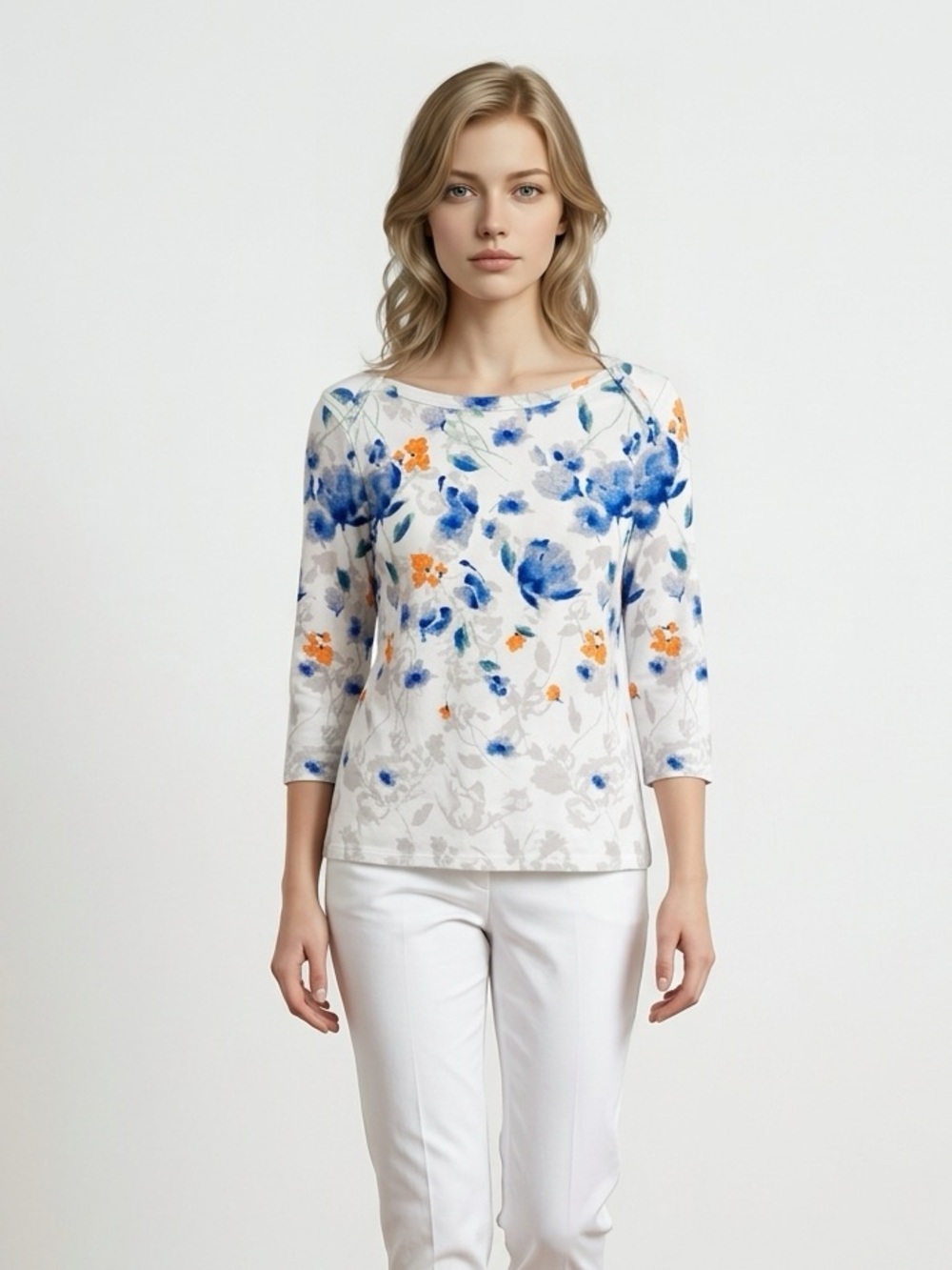 Karen Scott White Top with Blue and Orange Floral Design | 100% Cotton